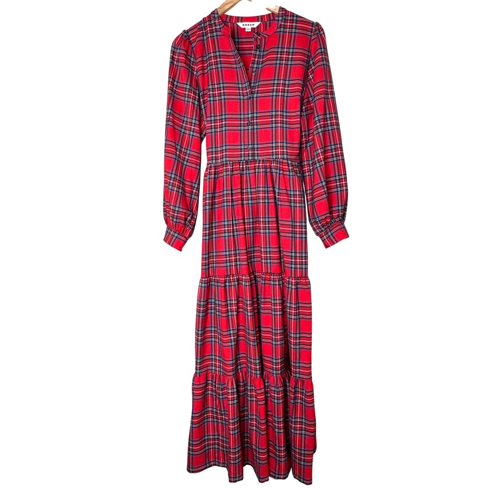 Boden Red Tartan Plaid Tiered Maxi Dress Long Sleeve Smocked Waist Womens 8R